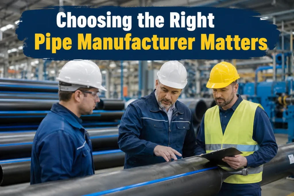 HDPE Pipes manufactured by a leading HDPE Pipe Manufacturer in Indore with experts inspecting high-quality irrigation and PVC pipe solutions.