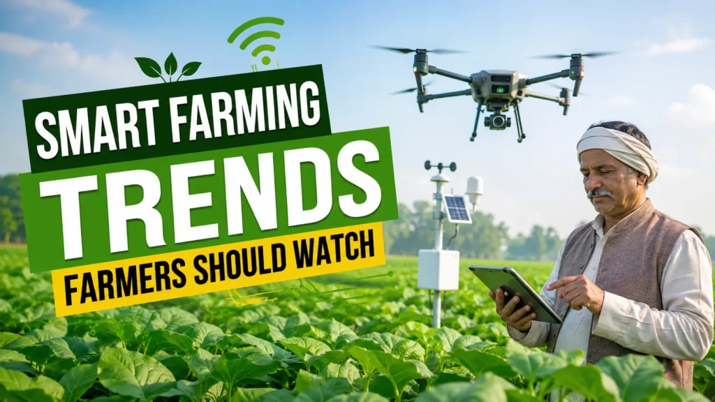 Smart Farming trends with farmer, drone, sensors, and modern irrigation pipes in a green agricultural field