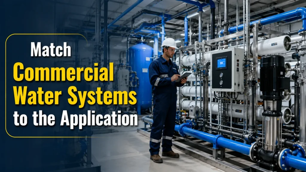 Commercial Water Systems with a professional worker inspecting HDPE and PVC pipe solutions in an industrial water treatment facility.