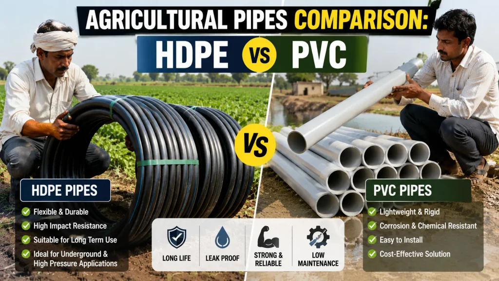 Agricultural Pipes comparison showing HDPE and PVC pipes for irrigation, with farmers inspecting pipe solutions in Indore.