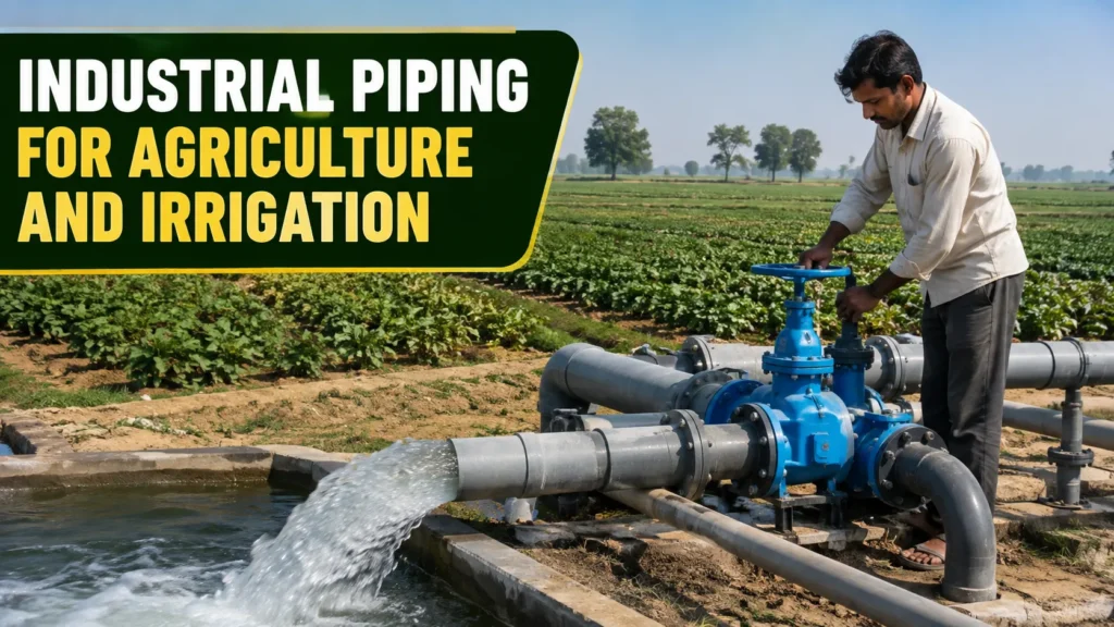 Industrial Piping for agriculture and irrigation with HDPE pipes, sprinkler systems, valves, and a farmer working in an agricultural field.