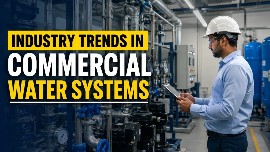 Realistic commercial water treatment facility with a technician inspecting modern piping, pumps, and HDPE pipe systems for commercial water systems.