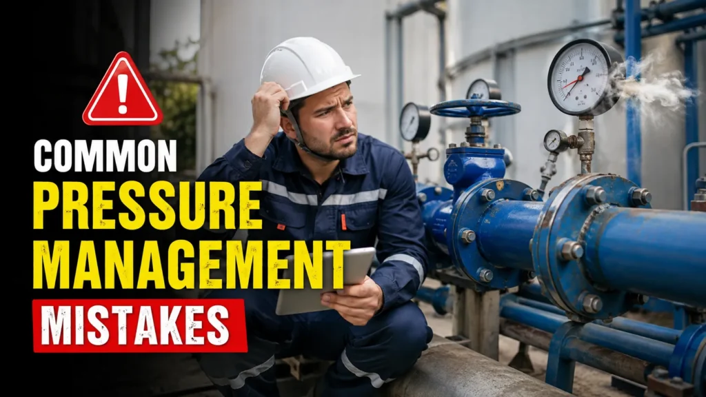 Pressure Management Systems showing a worker inspecting industrial pipes, valves, pressure gauges, and irrigation piping to prevent common pressure mistakes.