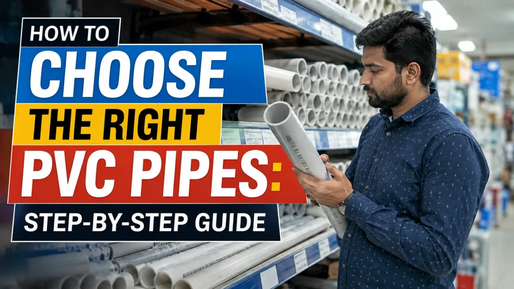 Realistic buyer inspecting PVC Pipes at a pipe store while comparing options from a PVC pipe manufacturer in Indore.