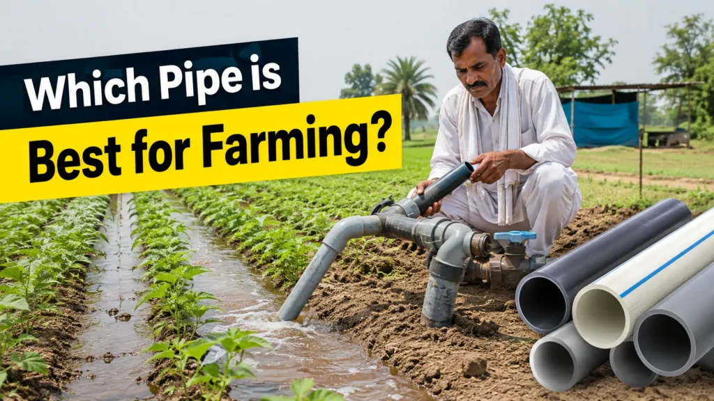 Farmer inspecting HDPE and PVC borewell pipes in an agricultural field for efficient irrigation and water supply.