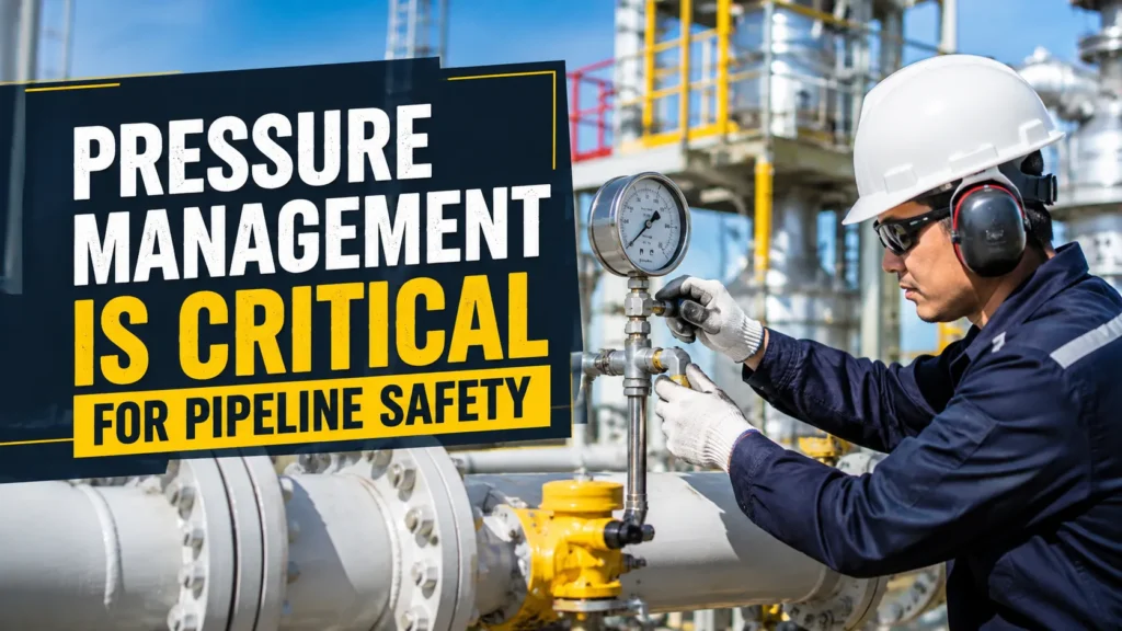 Pipeline Safety pressure management with HDPE pipe manufacturer in Indore and industrial pipeline worker inspecting pressure gauge.