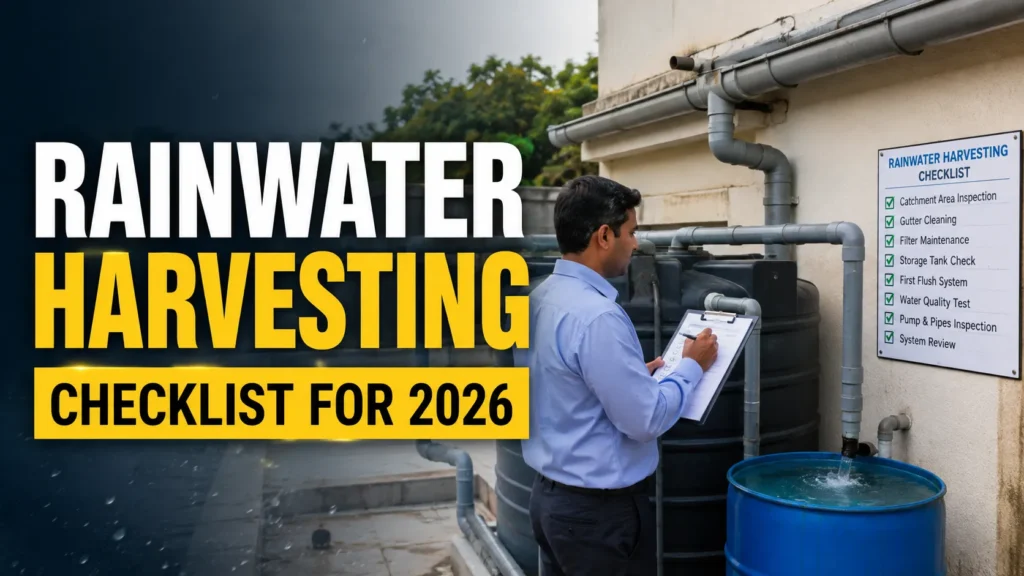Rainwater Harvesting system with HDPE and PVC pipes, storage tank, gutters, and technician inspecting water collection setup in Indore