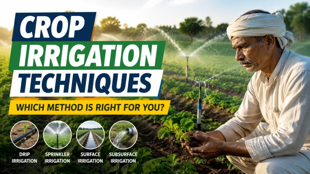 Crop Irrigation Techniques showing a farmer using sprinkler irrigation, drip irrigation, HDPE pipes, PVC pipes, and irrigation systems in a farm.