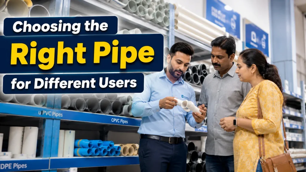 Realistic pipe showroom with users choosing HDPE and PVC pipes for Water Distribution Systems in Indore