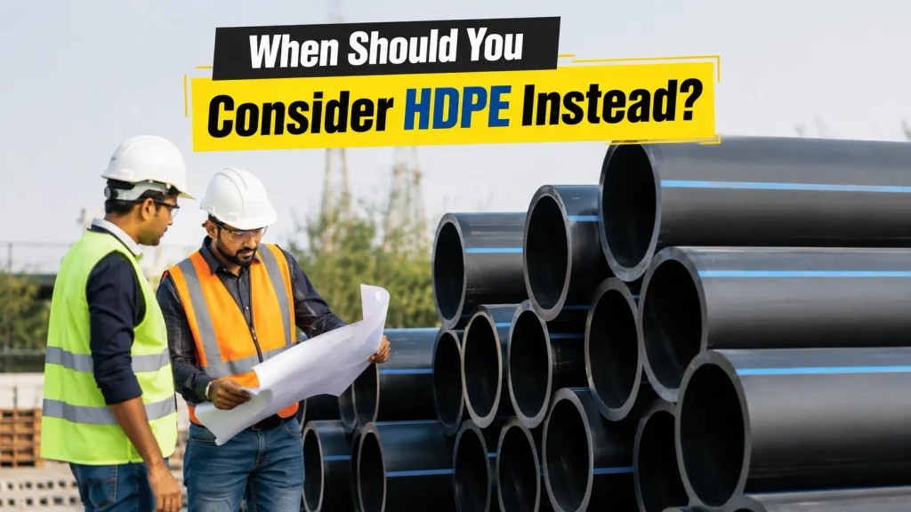 PVC Pipes and HDPE pipes with engineers at a construction site, highlighting HDPE Pipe Manufacturer in Indore and PVC Pipe Manufacturer in Indore.