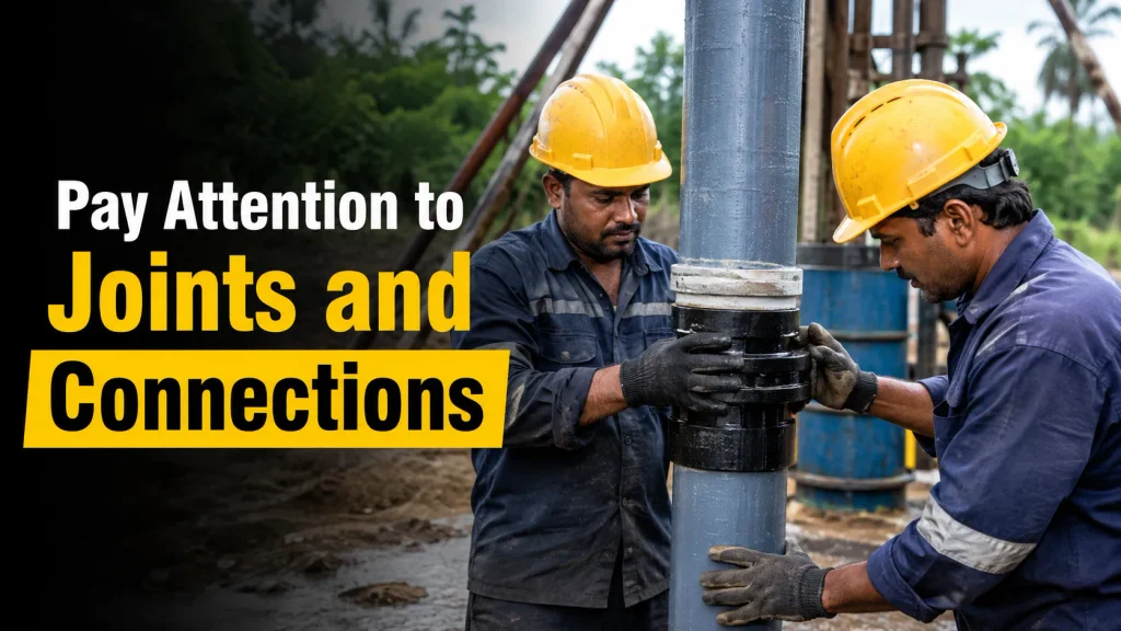 Workers securely fitting joints and connections on durable Column Pipes for borewell and water pumping systems