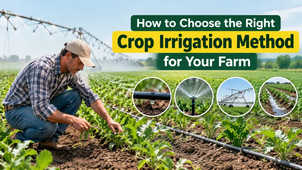 Farmer choosing Crop Irrigation Methods using drip, sprinkler, HDPE and irrigation pipe systems for efficient farm water management.