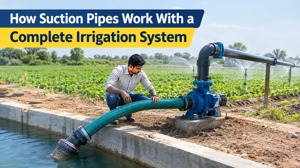 Suction Pipes connected to an irrigation pump with sprinkler system on a farm