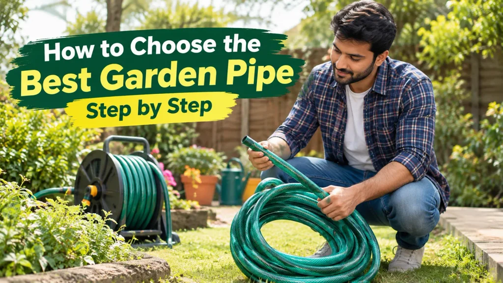 Garden Pipe in a garden with hose reel and gardener choosing the right pipe; Garden Pipe Dealer Near Me and HDPE Pipe Manufacturer in Indore