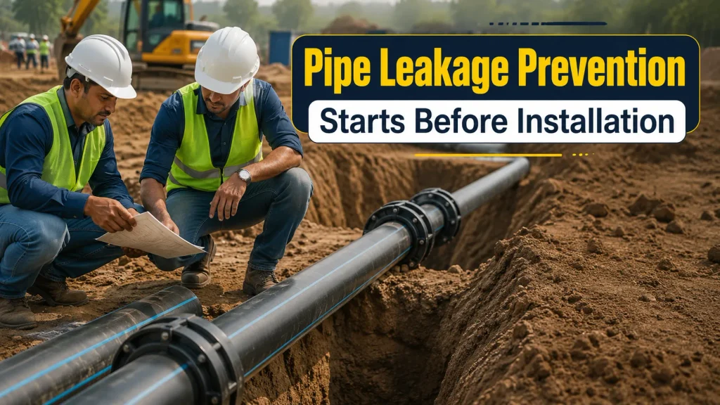 Realistic workers inspecting HDPE pipeline installation at a construction site for Pipe Leakage Prevention.