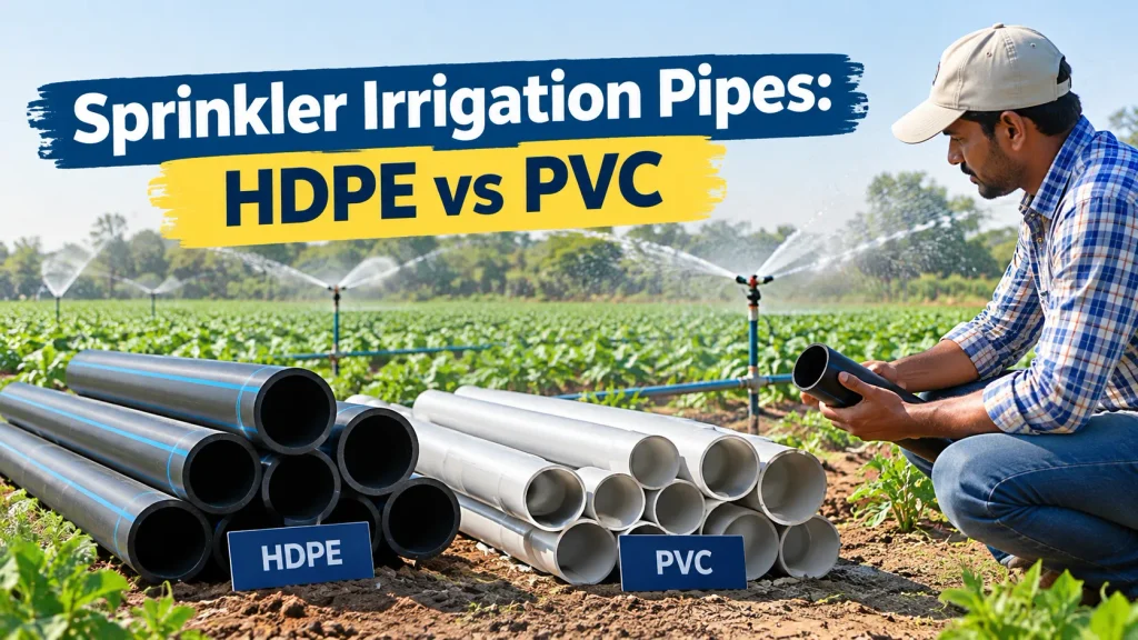 Sprinkler Irrigation HDPE vs PVC pipes with farmer comparing irrigation pipe options in Indore