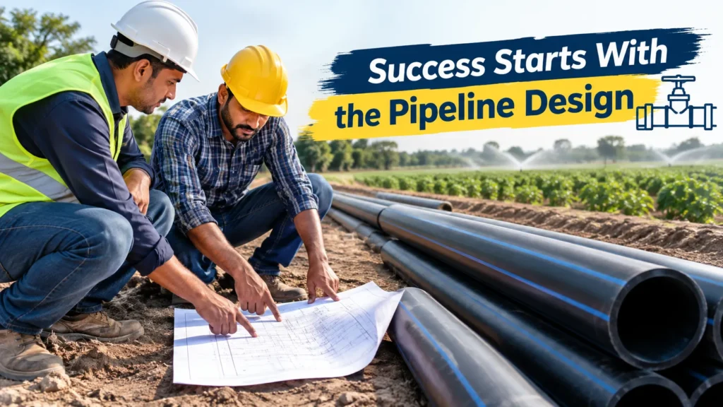 Sprinkler Irrigation pipeline design with workers planning HDPE and PVC pipe installation for efficient farm water distribution