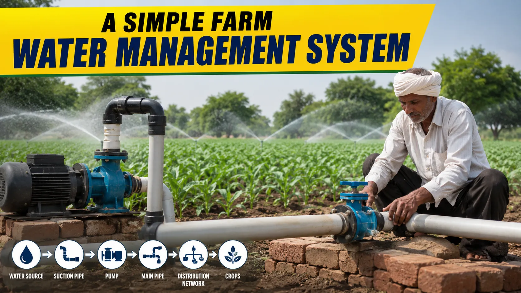 Farm Water Management system with farmer, pump, pipes and sprinklers