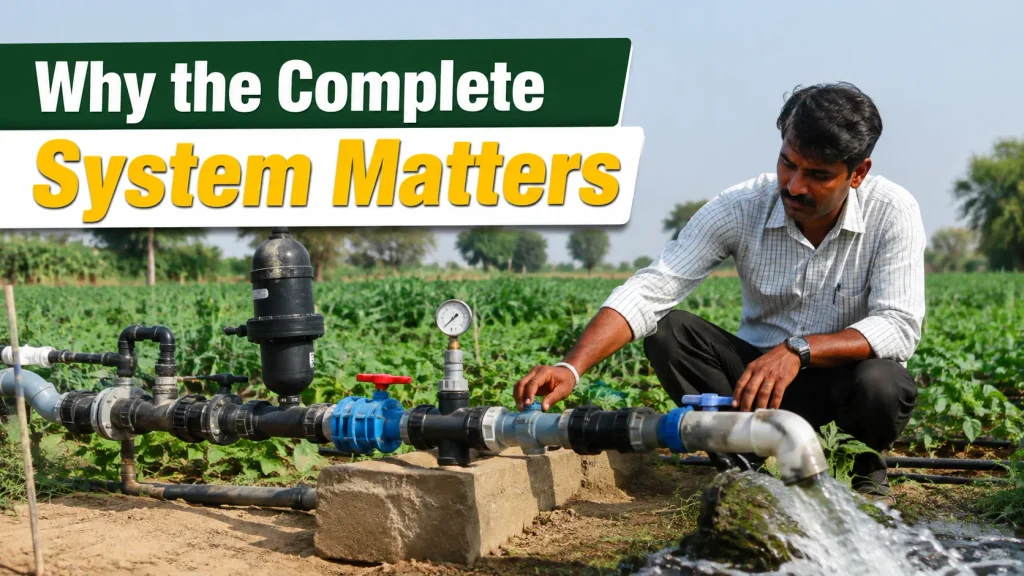 Farm Water Management with complete irrigation pipe system and farmer
