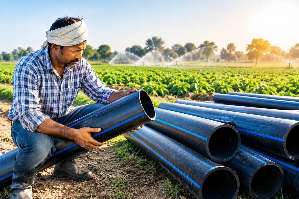 Farmer checking HDPE irrigation pipes for water supply and agricultural use